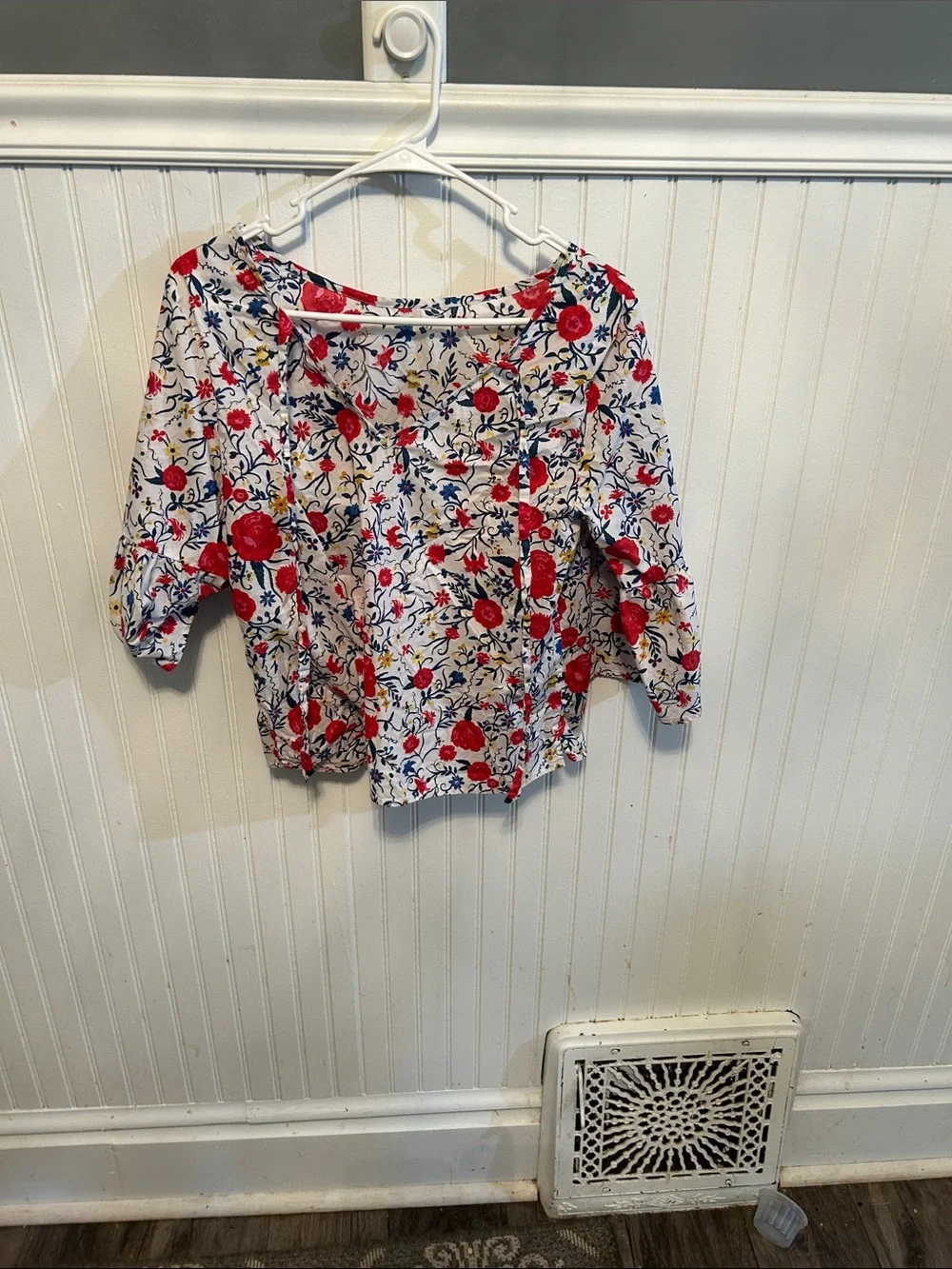 J. Crew White Floral Boatneck Blouse with Red and Blue Print